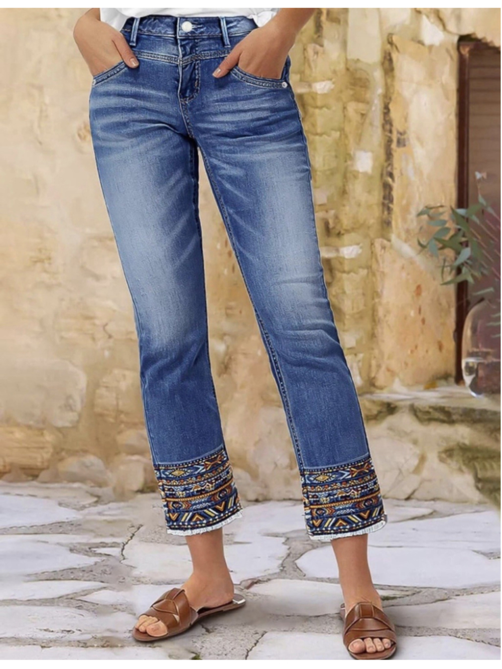Flamingals Straight Leg Cropped Jeans Mid Rise Stretchy Tribal Embroidery Jeans